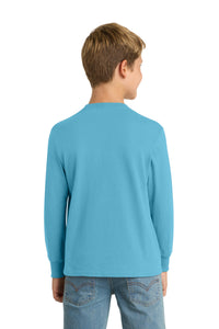 Port & Co Youth Long Sleeve Core Cotton Tee - Aquatic Blue Back