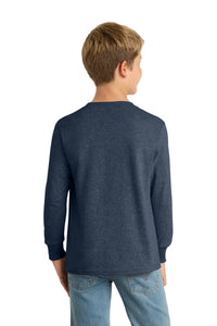 Port & Co Youth Long Sleeve Core Cotton Tee - Heather Navy Back