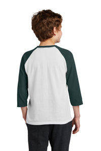 DISCONTINUED Port & Company Youth Core Blend 3/4-Sleeve Raglan Tee - White/ Dark Green Back