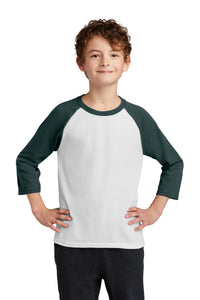 DISCONTINUED Port & Company Youth Core Blend 3/4-Sleeve Raglan Tee - White/ Dark Green