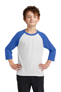 DISCONTINUED Port & Company Youth Core Blend 3/4-Sleeve Raglan Tee - White/ Royal