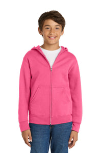 Port & Co Youth Core Fleece Full-Zip Hooded Sweatshirt - Neon Pink