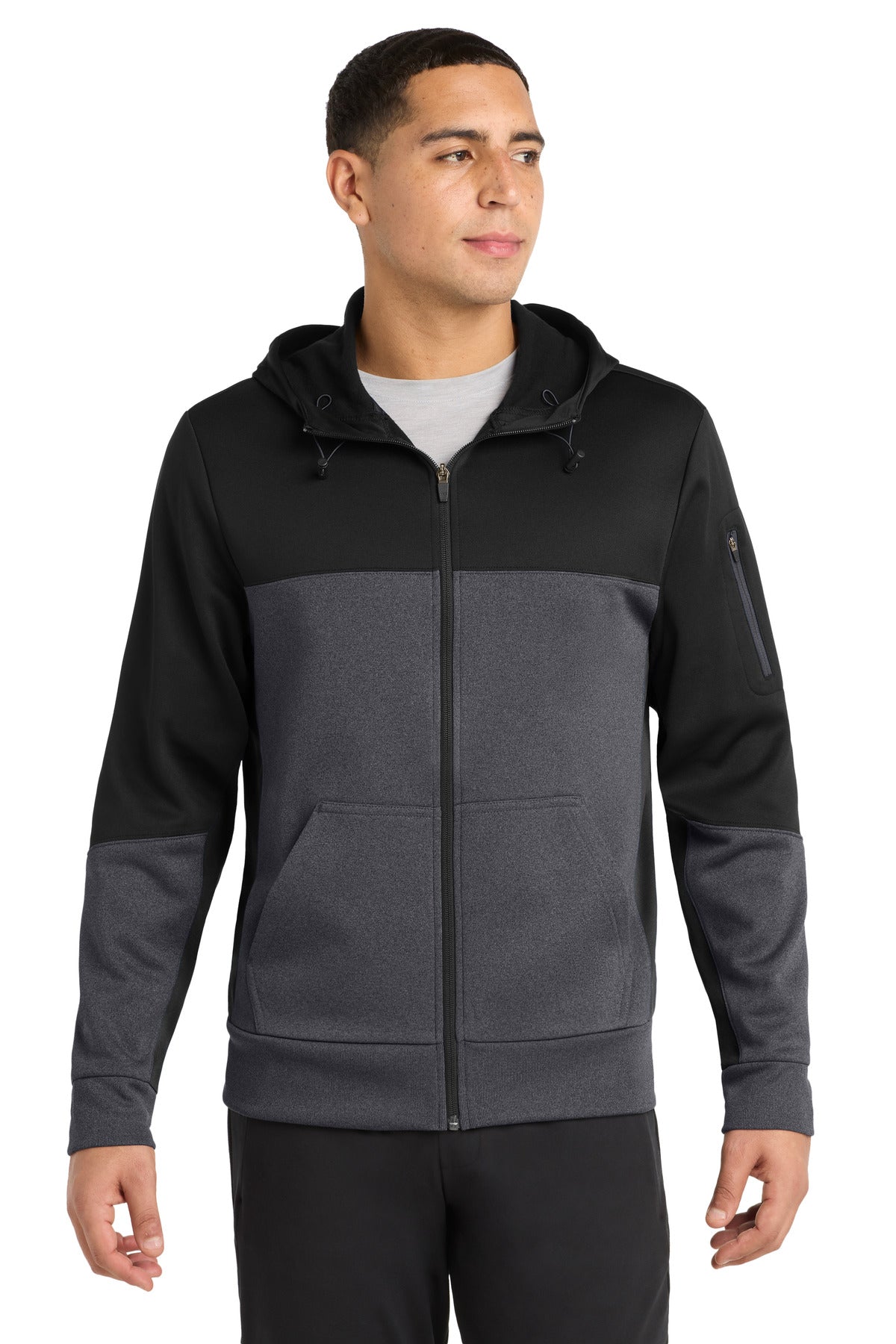Sport-Tek Tech Fleece Colorblock Full-Zip Hooded Jacket - Black/ Graphite Heather/ Black