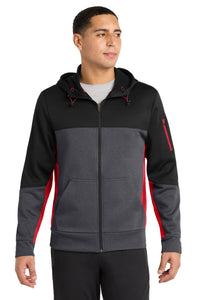 Sport-Tek Tech Fleece Colorblock Full-Zip Hooded Jacket - Black/ Graphite Heather/ True Red