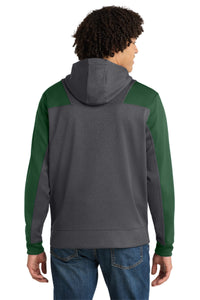 Sport-Tek  Tech Fleece Colorblock 1/4-Zip Hooded Sweatshirt - Graphite Heather/ Forest Green Back