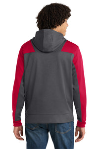 Sport-Tek  Tech Fleece Colorblock 1/4-Zip Hooded Sweatshirt - Graphite Heather/ True Red Back