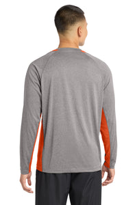 Sport-Tek Long Sleeve Heather Colorblock Contender Tee - Vintage Heather/ Deep Orange Back