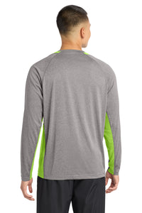Sport-Tek Long Sleeve Heather Colorblock Contender Tee - Vintage Heather/ Lime Shock Back