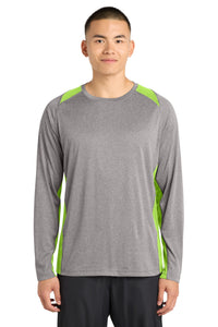 Sport-Tek Long Sleeve Heather Colorblock Contender Tee - Vintage Heather/ Lime Shock