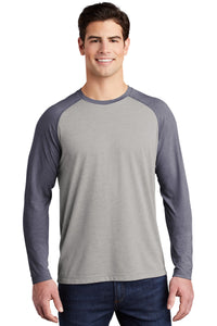 Sport-Tek  PosiCharge  Long Sleeve Tri-Blend Wicking Raglan Tee ST400LS - True Navy Heather/ Light Grey Heather