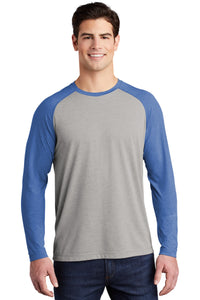 Sport-Tek  PosiCharge  Long Sleeve Tri-Blend Wicking Raglan Tee ST400LS - True Royal Heather/ Light Grey Heather