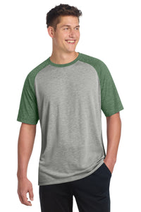 Sport-Tek  PosiCharge  Tri-Blend Wicking Raglan Tee - Forest Green Heather/ Light Grey Heather