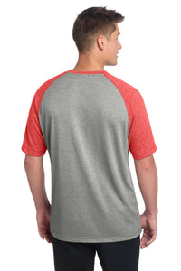 Sport-Tek  PosiCharge  Tri-Blend Wicking Raglan Tee - True Red Heather/ Light Grey Heather Back