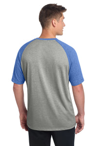 Sport-Tek  PosiCharge  Tri-Blend Wicking Raglan Tee - True Royal Heather/ Light Grey Heather Back