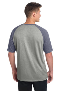 Sport-Tek  PosiCharge  Tri-Blend Wicking Raglan Tee - True Navy Heather/ Light Grey Heather Back