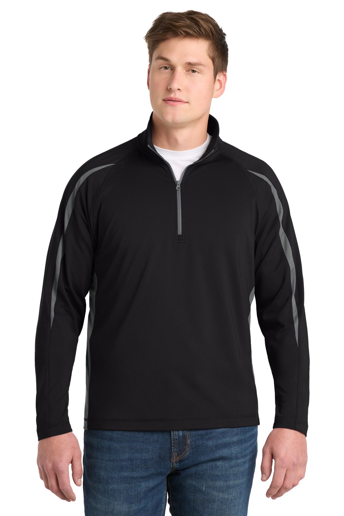 Sport-Tek Sport-Wick Stretch 1/4-Zip Colorblock Pullover - Black/ Charcoal Grey