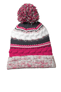 Sport-Tek Pom Pom Team Beanie - Pink Raspberry/ Iron Grey/ White