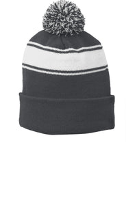 Sport-Tek Stripe Pom Pom Beanie - Iron Grey/ White