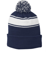 Sport-Tek Stripe Pom Pom Beanie - True Navy/ White