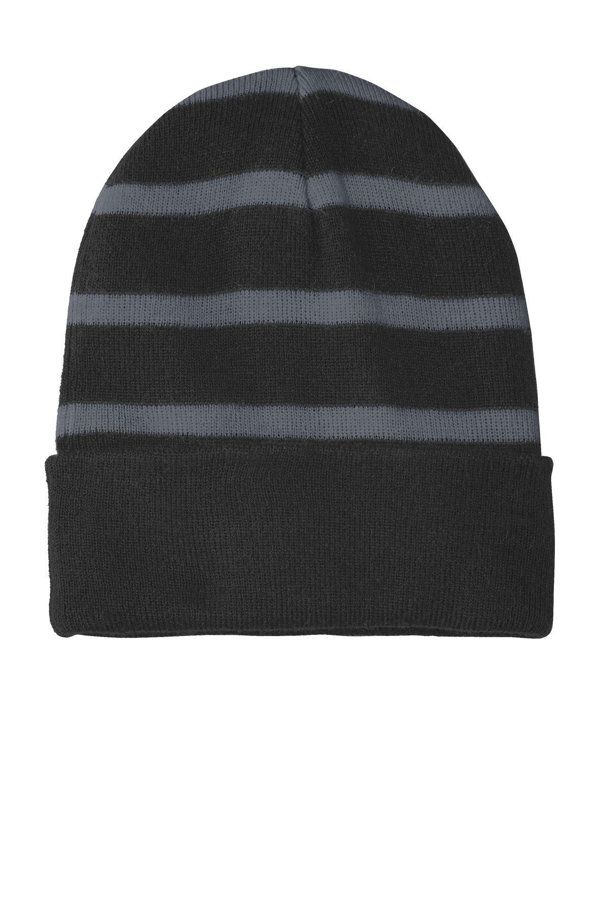 Sport-Tek Striped Beanie with Solid Band - Black/ Iron Grey