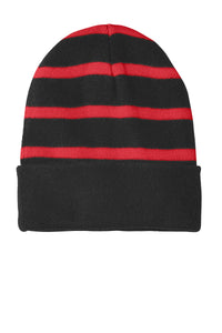 Sport-Tek Striped Beanie with Solid Band - Black/ True Red