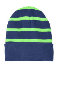 Sport-Tek Striped Beanie with Solid Band - Team Navy/ Flash Green