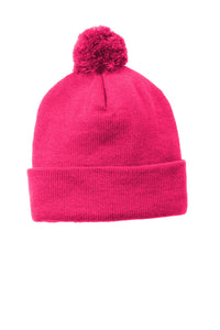 Sport-Tek  Solid Pom Pom Beanie - Pink Raspberry