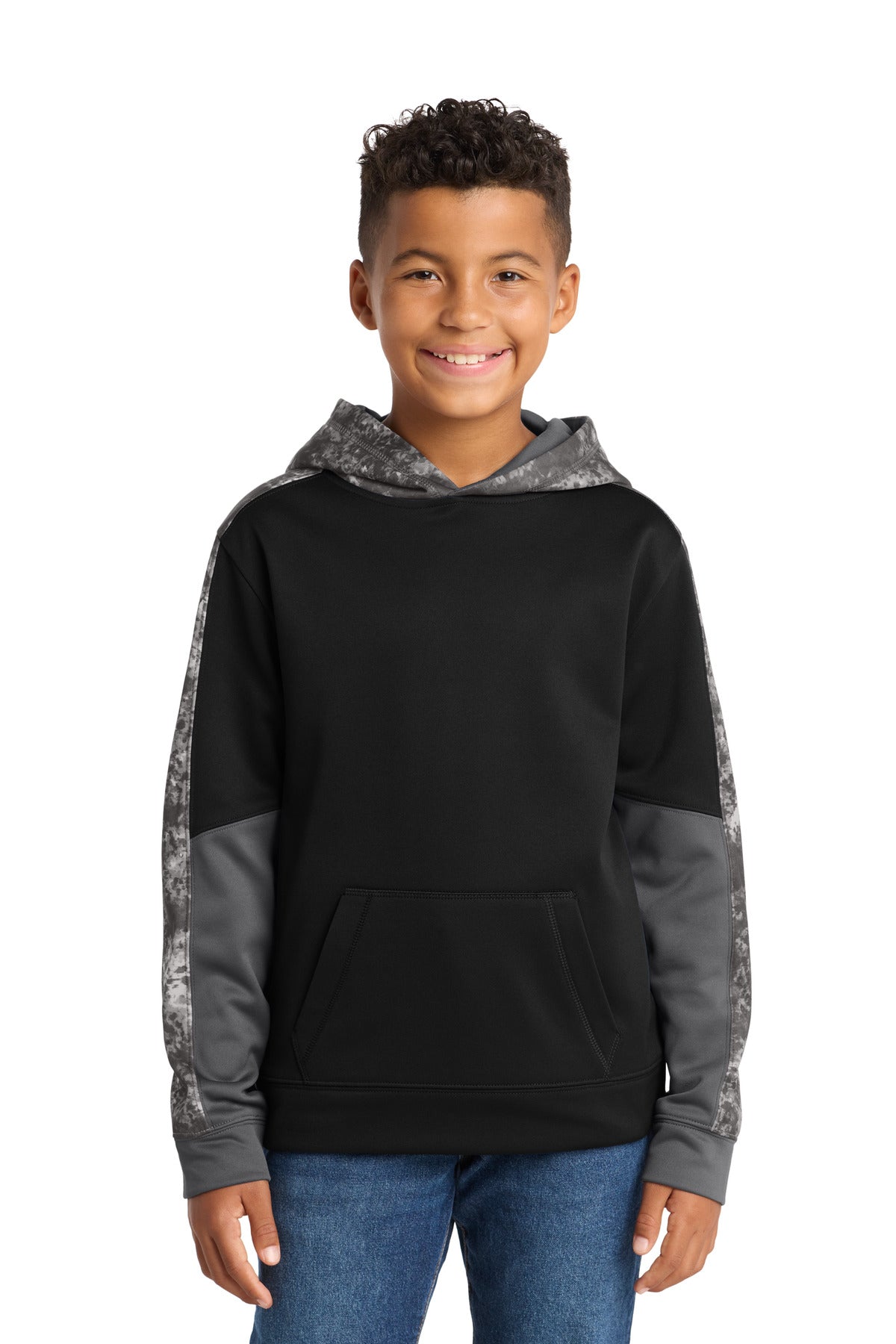 Sport-Tek Youth Sport-Wick Mineral Freeze Fleece Colorblock Hooded Pullover - Black/ Black