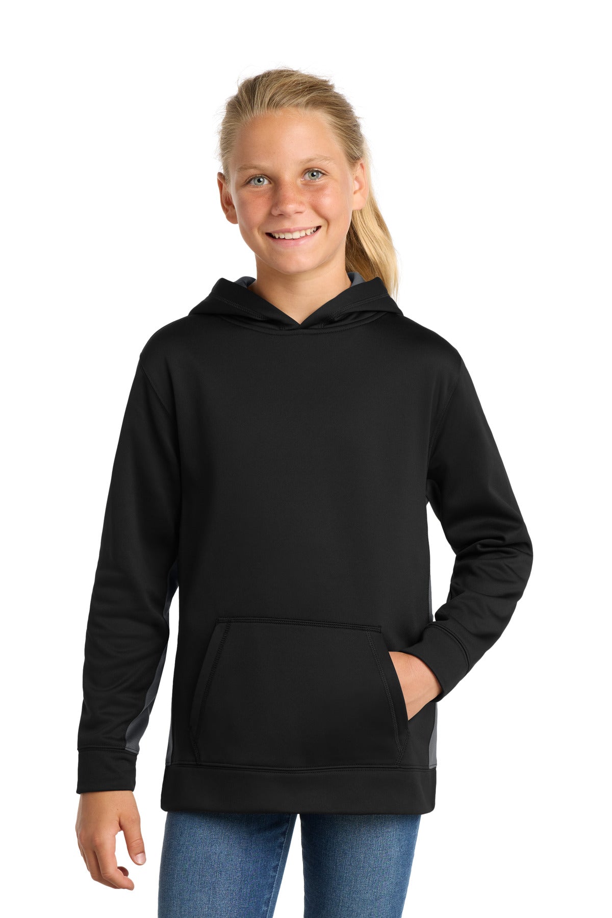Sport-Tek Youth Sport-Wick Fleece Colorblock Hooded Pullover - Black/ Dark Smoke Grey