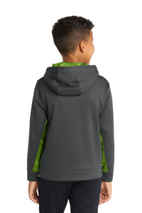 Sport-Tek Youth Sport-Wick CamoHex Fleece Colorblock Hooded Pullover - Dark Smoke Grey/ Lime Shock Back