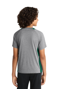 Sport-Tek Youth Heather Colorblock Contender Tee - Vintage Heather/ Forest Green Back