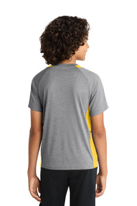 Sport-Tek Youth Heather Colorblock Contender Tee - Vintage Heather/ Gold Back