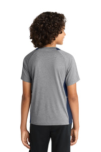 Sport-Tek Youth Heather Colorblock Contender Tee - Vintage Heather/ True Navy Back
